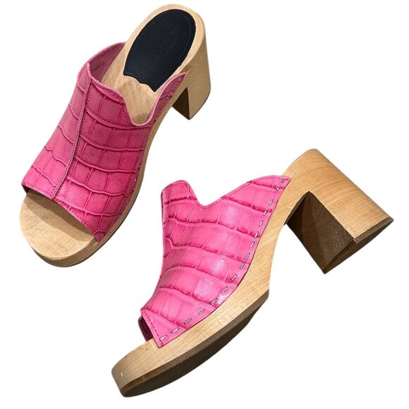 Swedish Hasbeens Lotten Open Toe Mule Heels In Pink - Picture 2 of 11